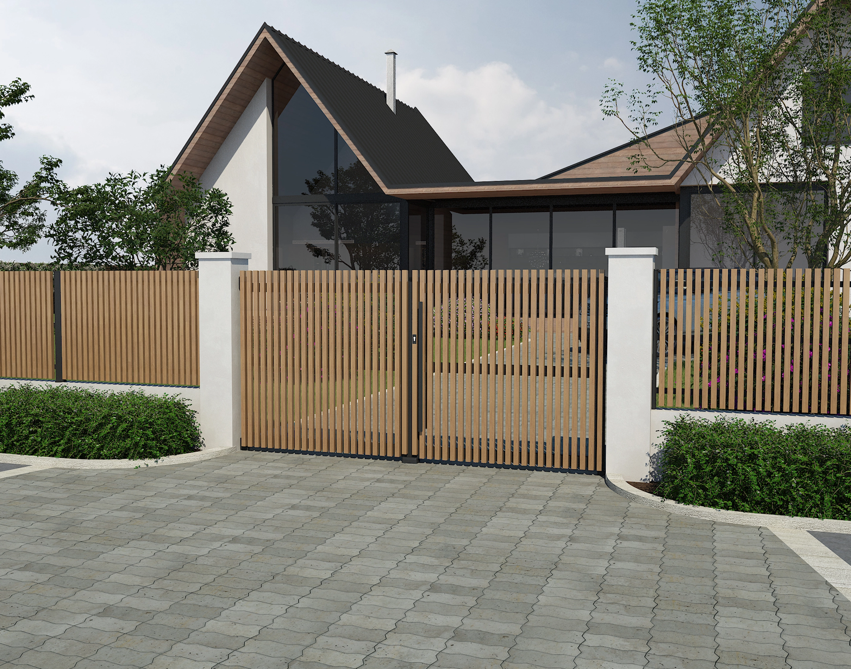 Portail coulissant bois Red Cedar avec cadre aluminium Anian - Kostum